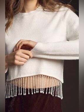 Line & Dot Anthropology White Beaded Fringe Crewneck Sweater